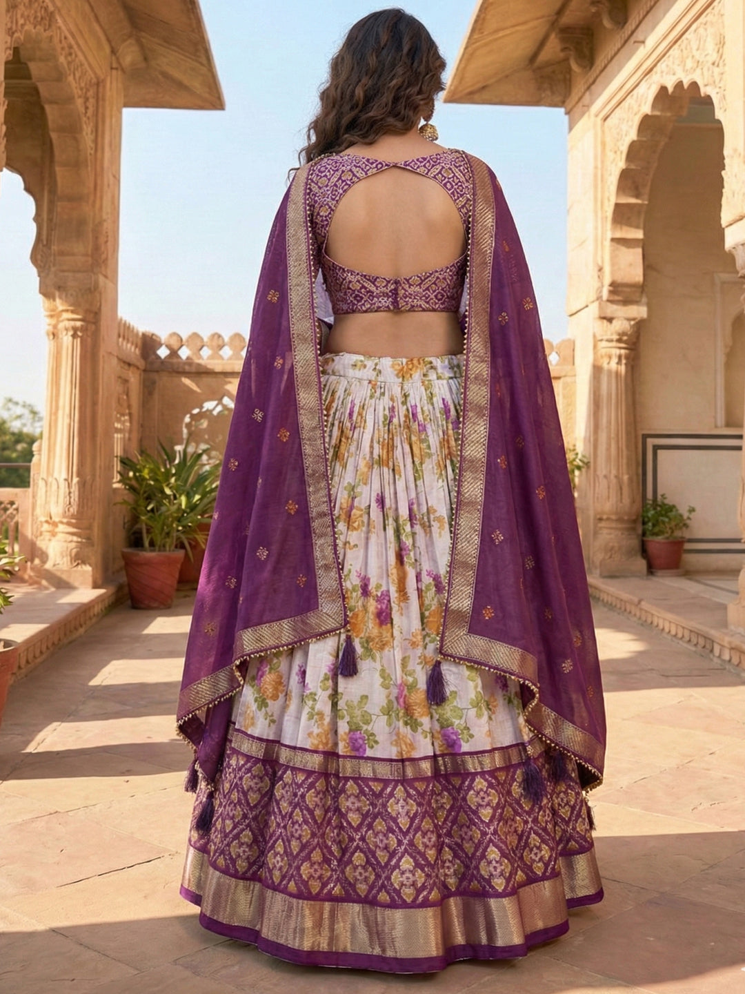 Wine Tusser Silk Floral Print Lehenga Choli Set