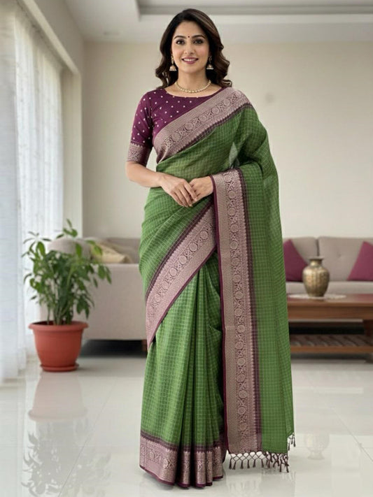 Green Jacquard Kanjivaram Zari Border Soft Dola Cotton Saree