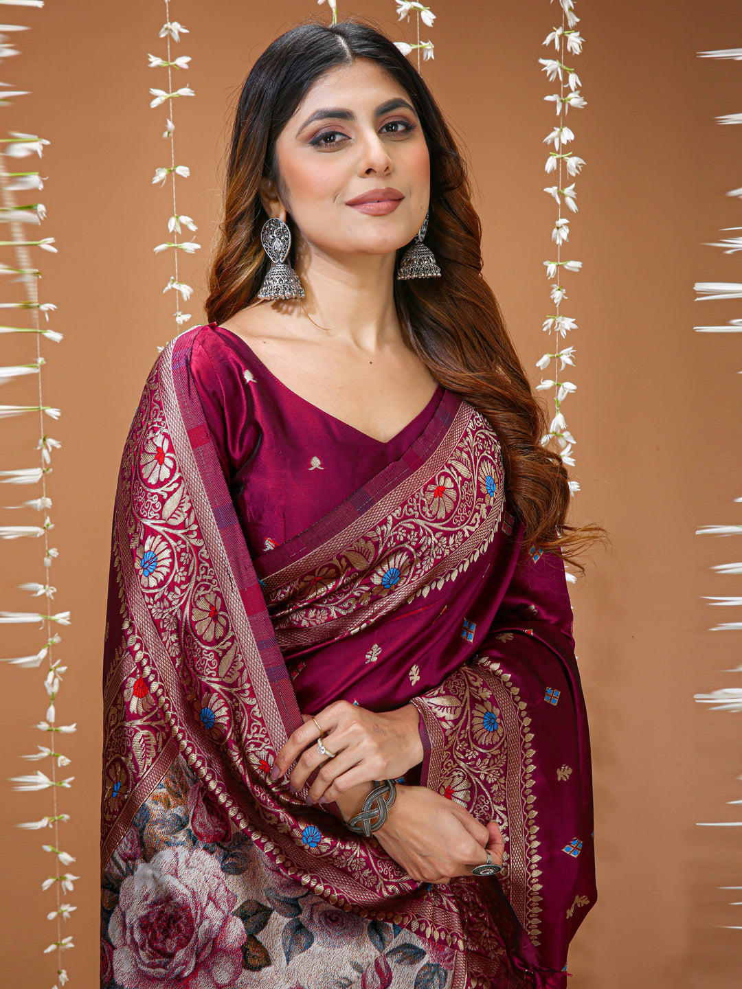 Wine Soft Lichi Silk Jacquard Saree with Rich Floral Pallu