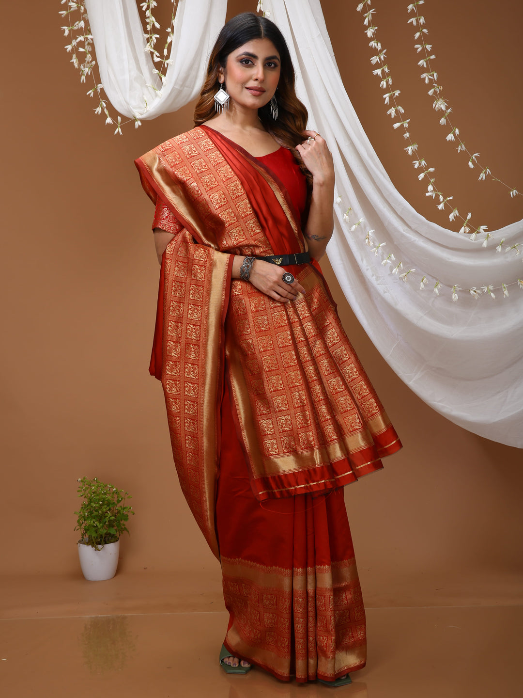Red Lichi Silk Saree with Jacquard Border