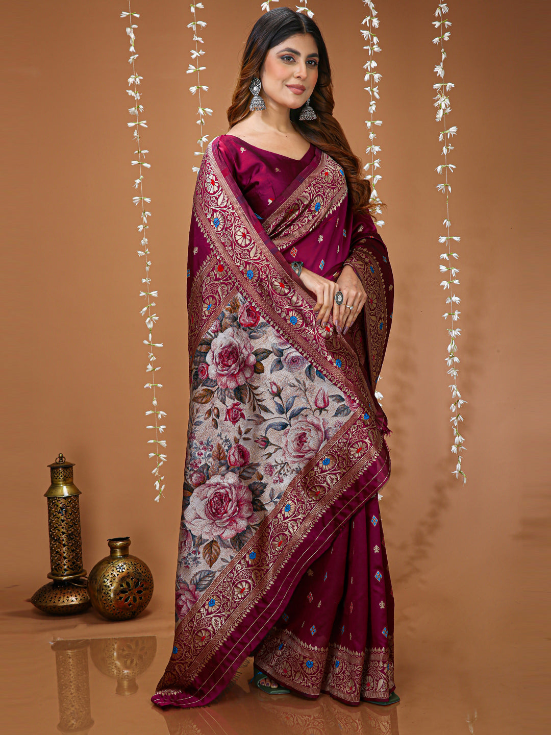 Wine Soft Lichi Silk Jacquard Saree with Rich Floral Pallu