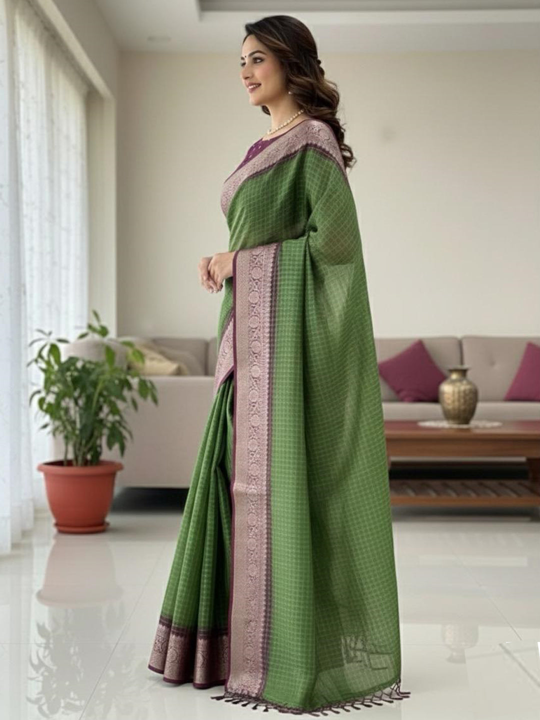 Green Jacquard Kanjivaram Zari Border Soft Dola Cotton Saree