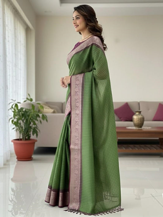 Green Jacquard Kanjivaram Zari Border Soft Dola Cotton Saree