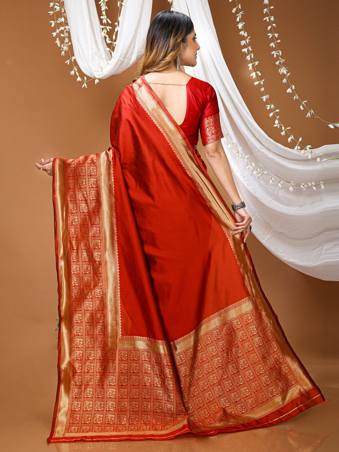 Red Lichi Silk Saree with Jacquard Border