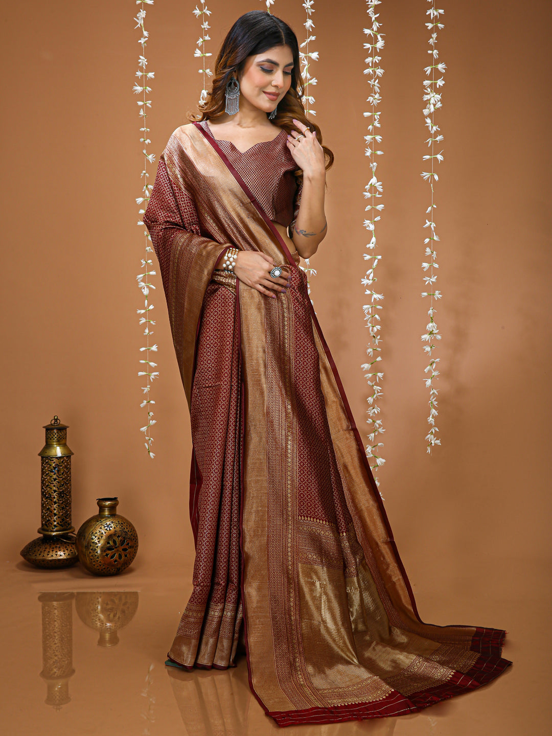 Maroon Soft Lichi Silk Saree with Rich Pallu & Jacquard Border