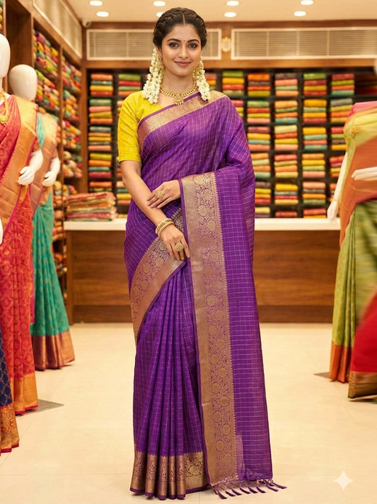 Purple Soft Dola Cotton Print Saree with Kanjivaram Zari Border