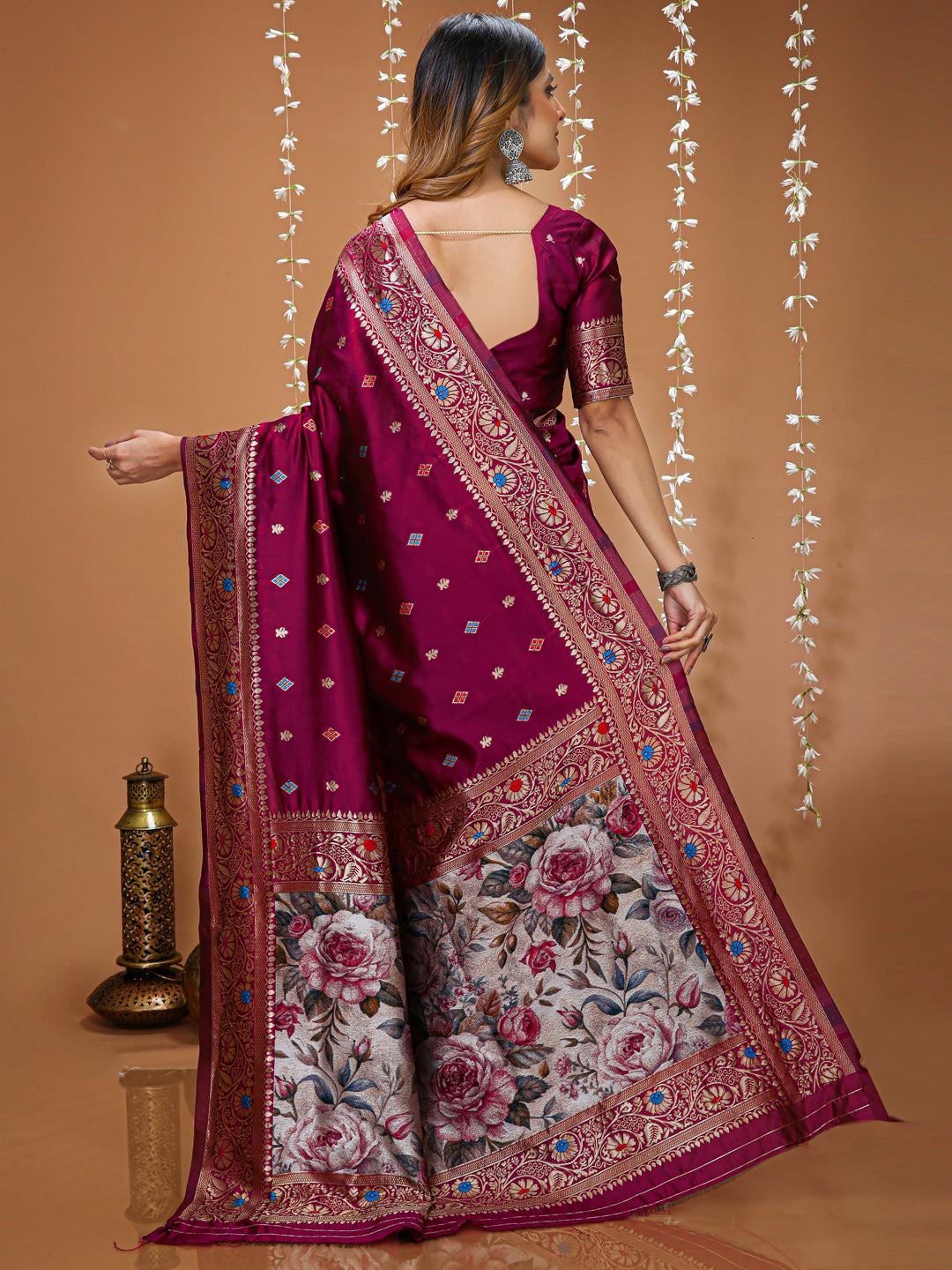 Wine Soft Lichi Silk Jacquard Saree with Rich Floral Pallu