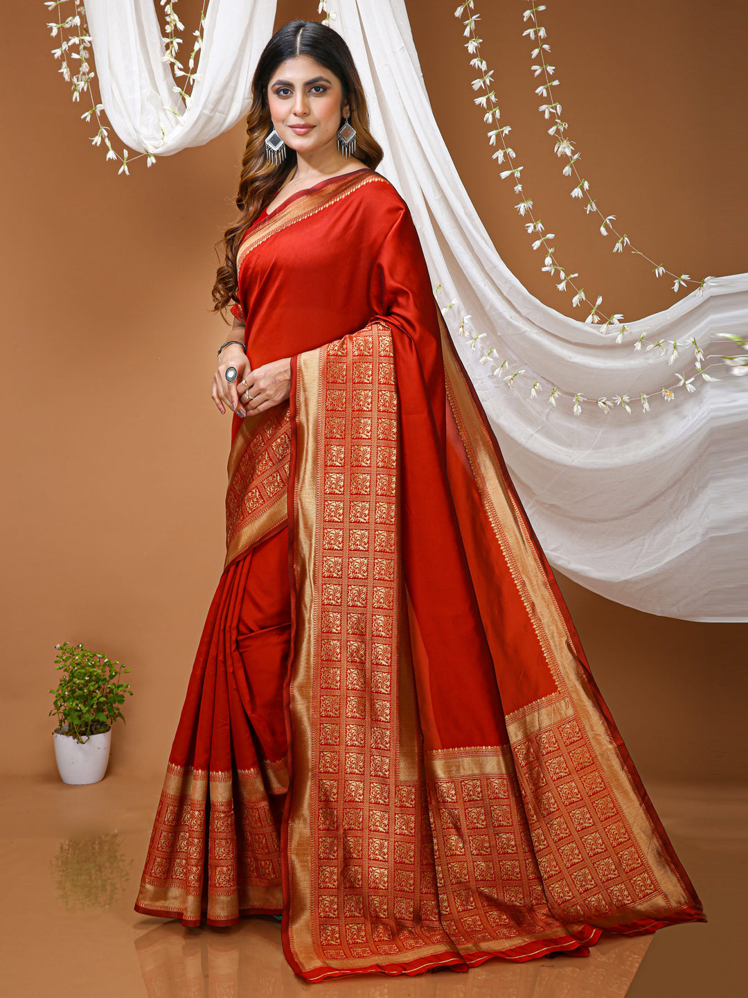 Red Lichi Silk Saree with Jacquard Border