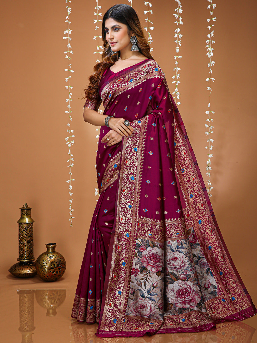 Wine Soft Lichi Silk Jacquard Saree with Rich Floral Pallu