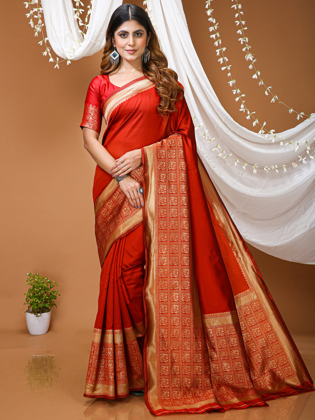 Red Lichi Silk Saree with Jacquard Border