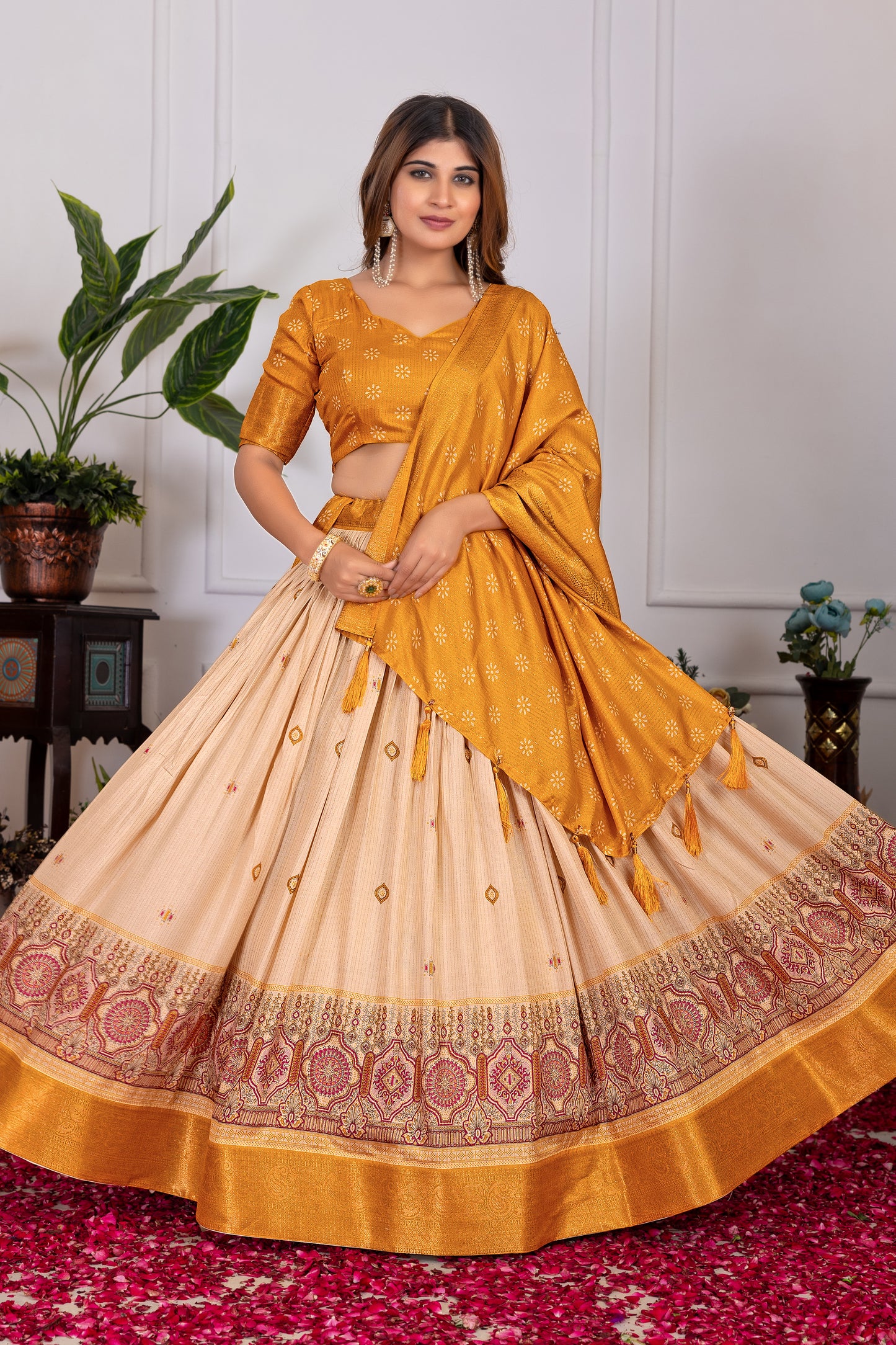 Elegant Tusser Silk Floral Print Lehenga Choli with Foil Work & Jacquard Border