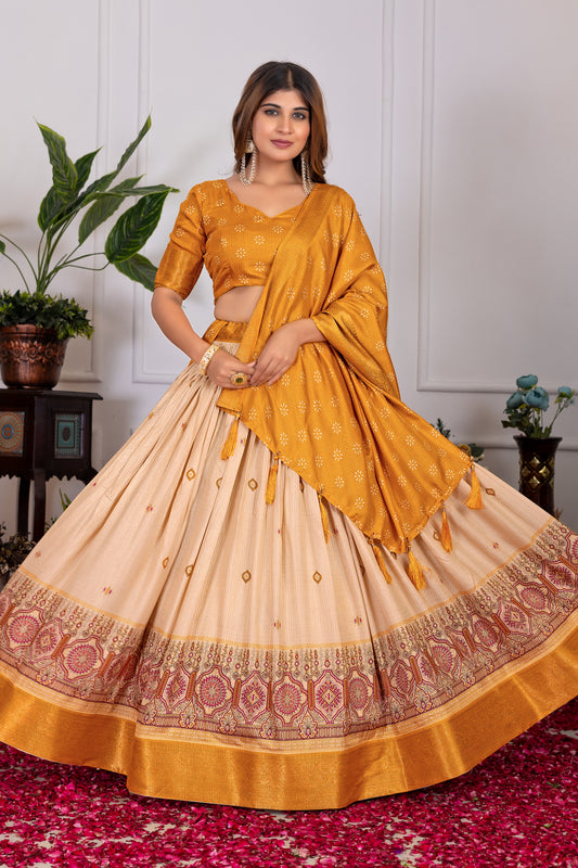 Elegant Tusser Silk Floral Print Lehenga Choli with Foil Work & Jacquard Border