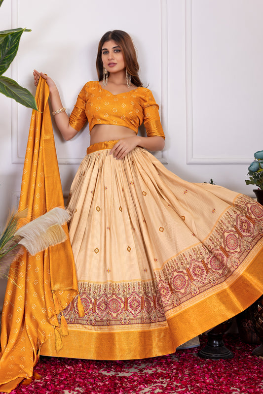 Elegant Tusser Silk Floral Print Lehenga Choli with Foil Work & Jacquard Border