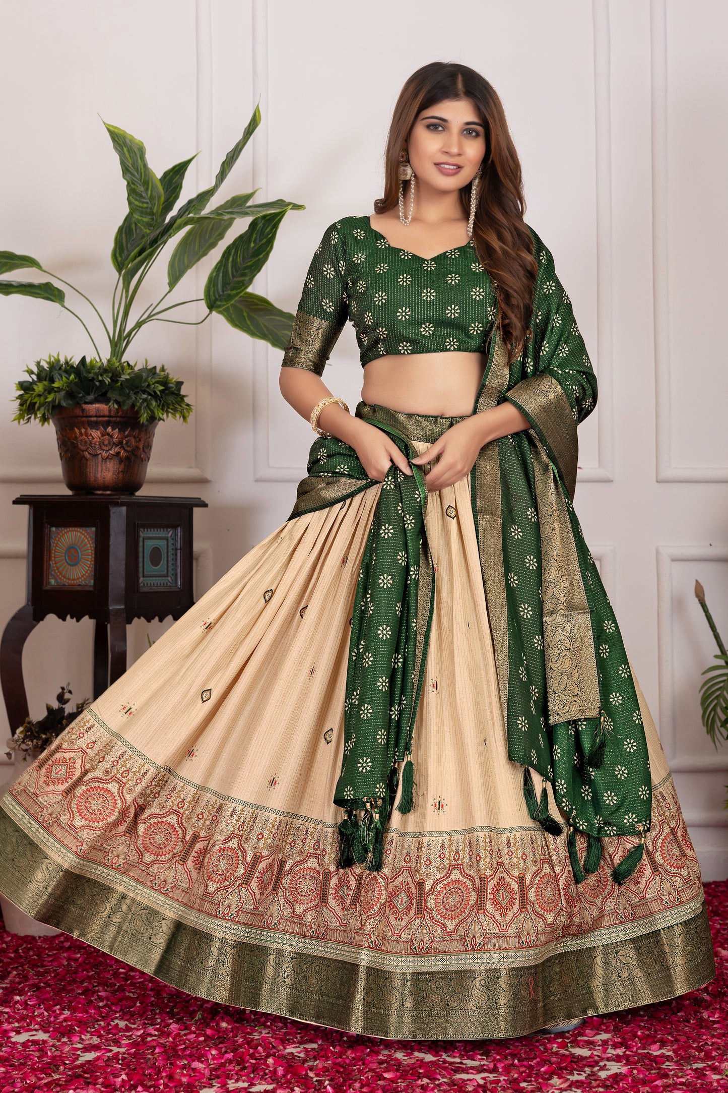 Elegant Tusser Silk Floral Print Lehenga Choli with Foil Work & Jacquard Border