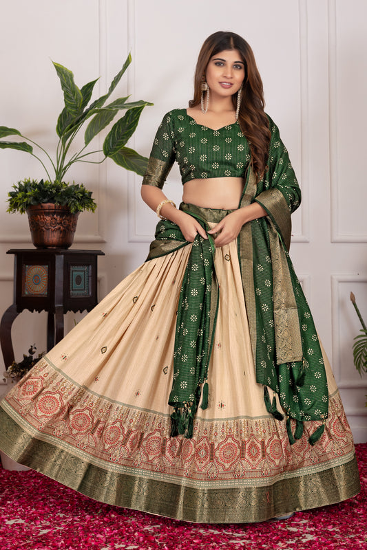 Elegant Tusser Silk Floral Print Lehenga Choli with Foil Work & Jacquard Border