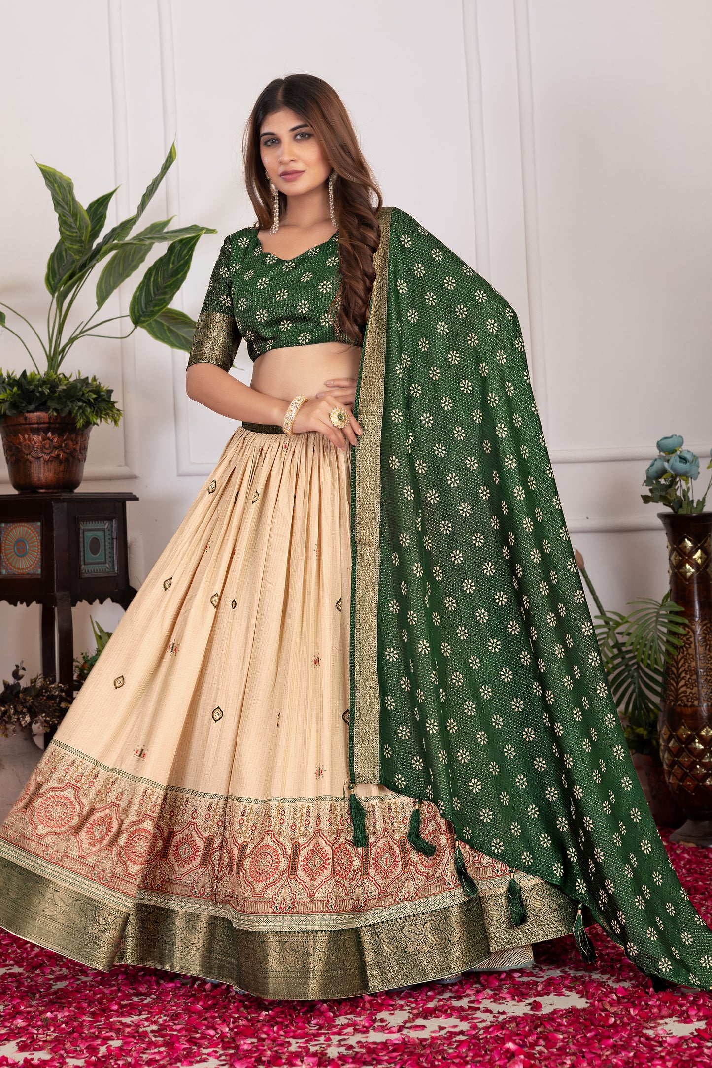 Elegant Tusser Silk Floral Print Lehenga Choli with Foil Work & Jacquard Border
