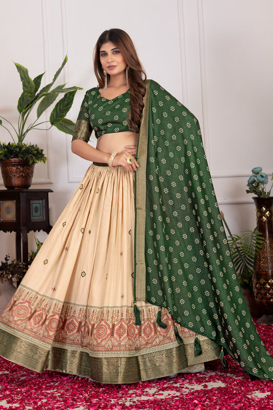Elegant Tusser Silk Floral Print Lehenga Choli with Foil Work & Jacquard Border