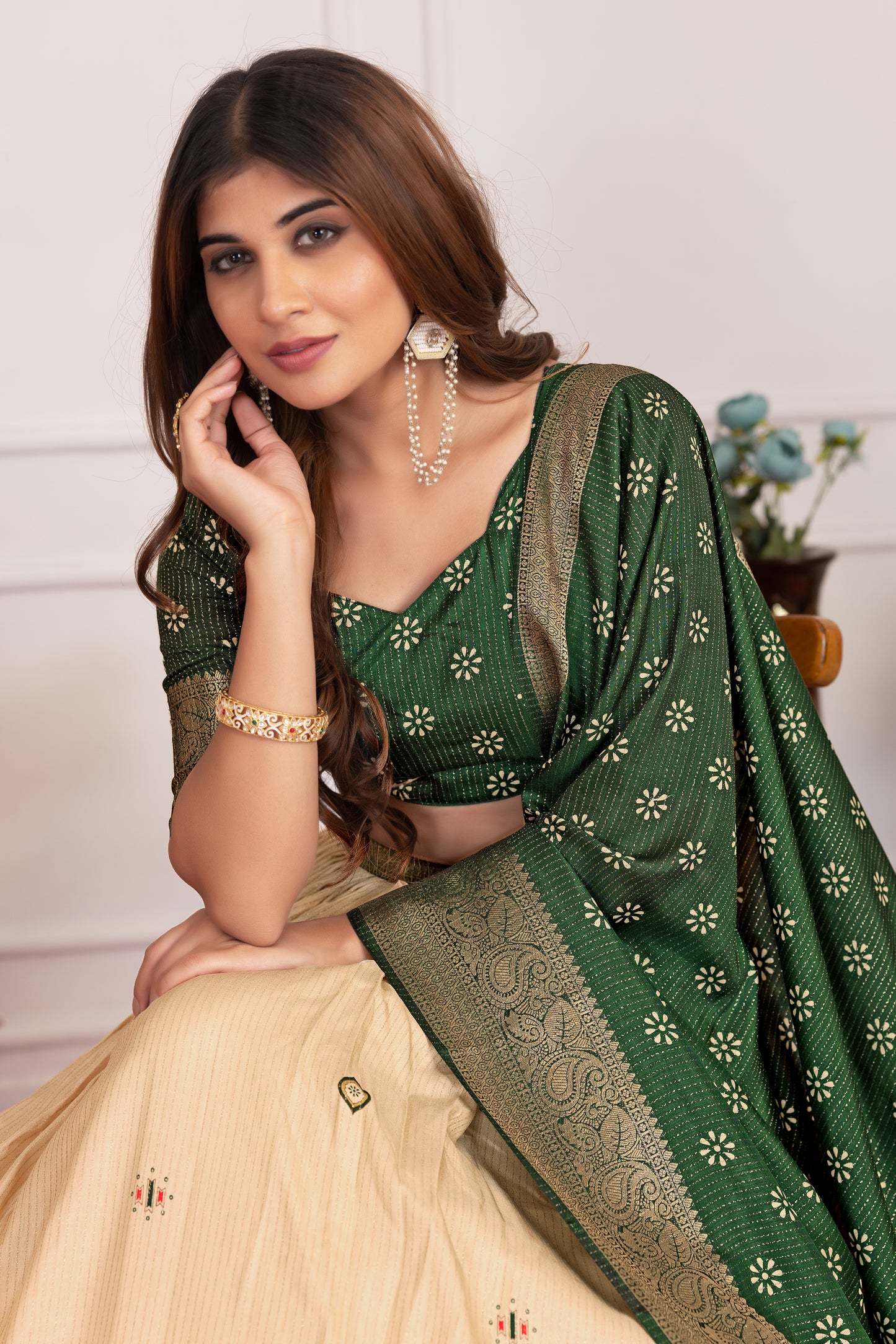 Elegant Tusser Silk Floral Print Lehenga Choli with Foil Work & Jacquard Border