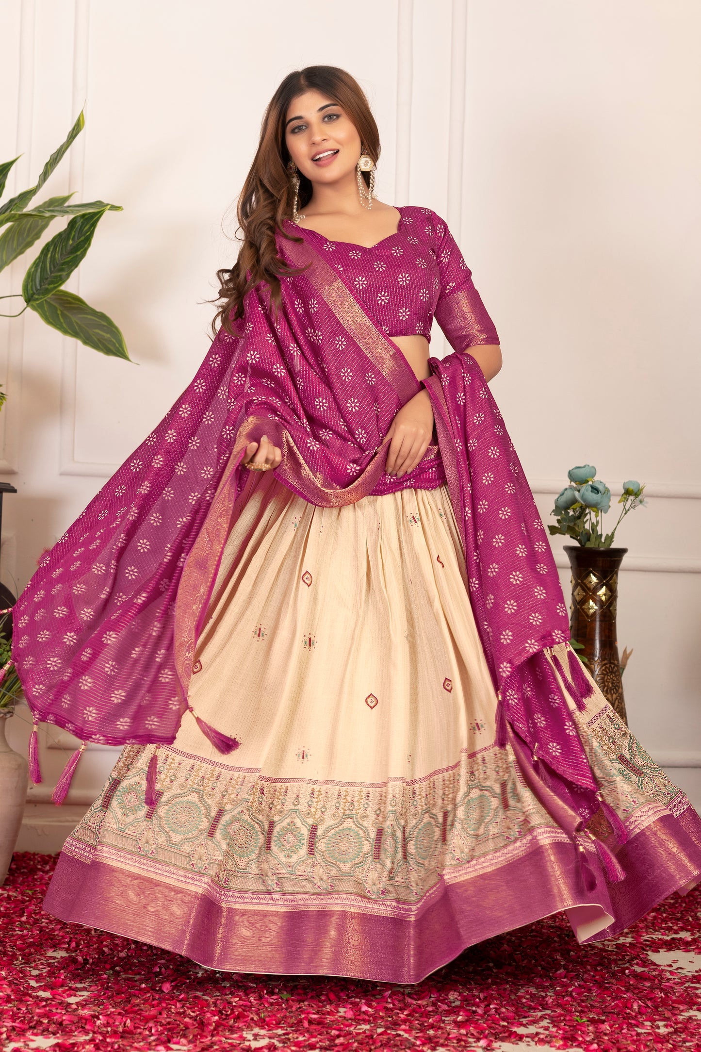Elegant Tusser Silk Floral Print Lehenga Choli with Foil Work & Jacquard Border