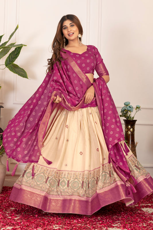 Elegant Tusser Silk Floral Print Lehenga Choli with Foil Work & Jacquard Border