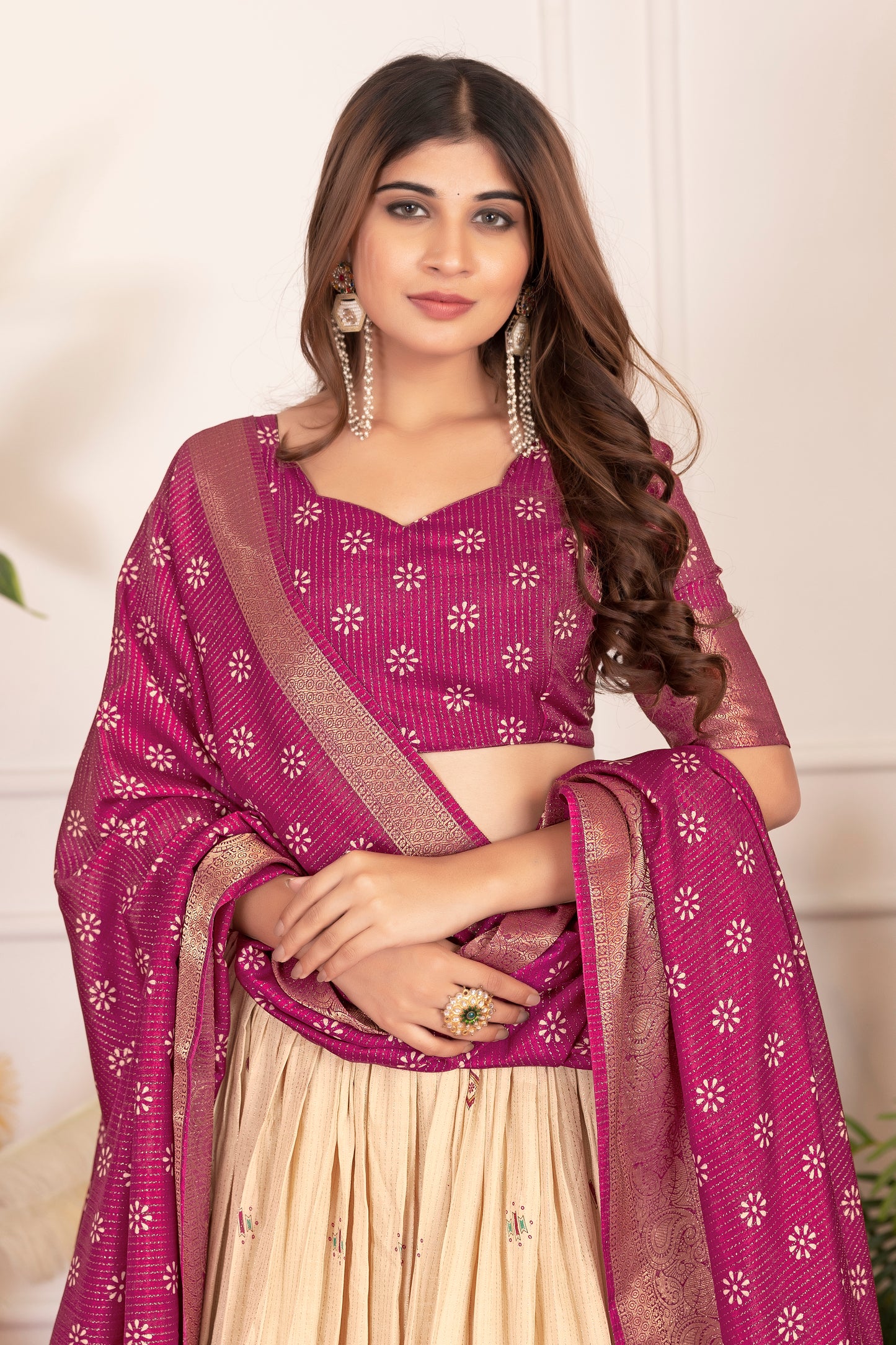 Elegant Tusser Silk Floral Print Lehenga Choli with Foil Work & Jacquard Border