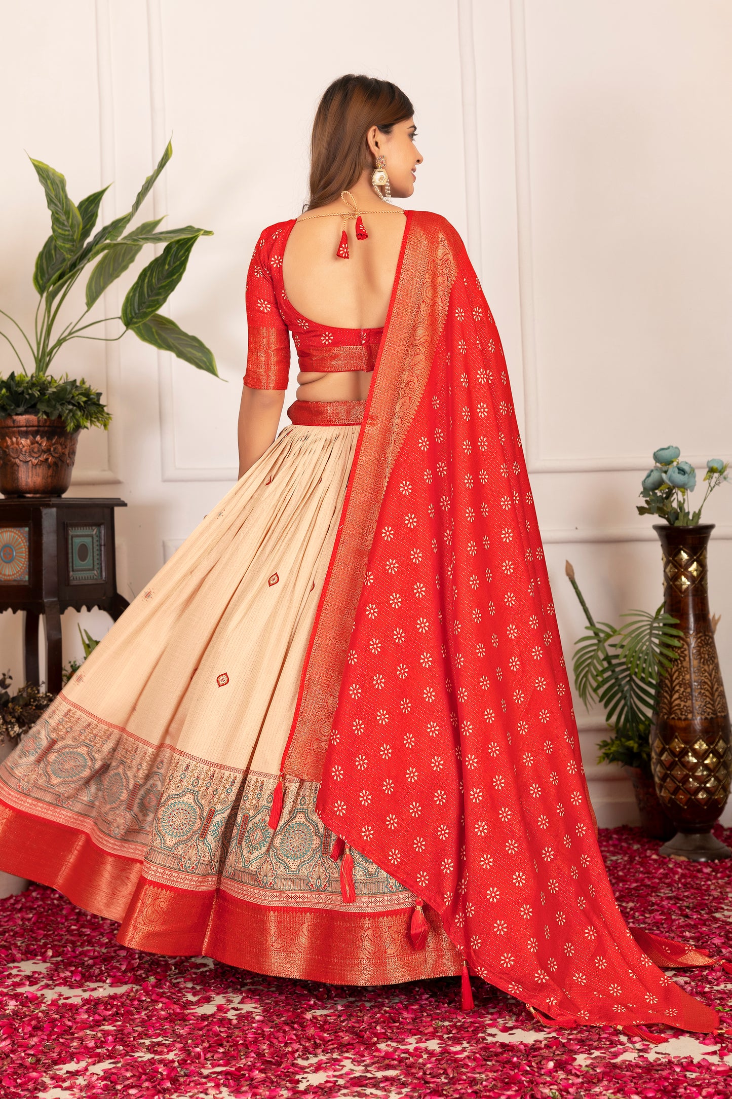 Elegant Tusser Silk Floral Print Lehenga Choli with Foil Work & Jacquard Border