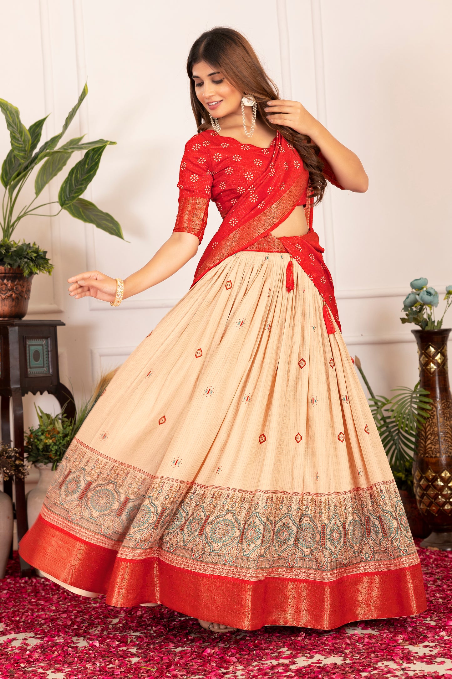 Elegant Tusser Silk Floral Print Lehenga Choli with Foil Work & Jacquard Border
