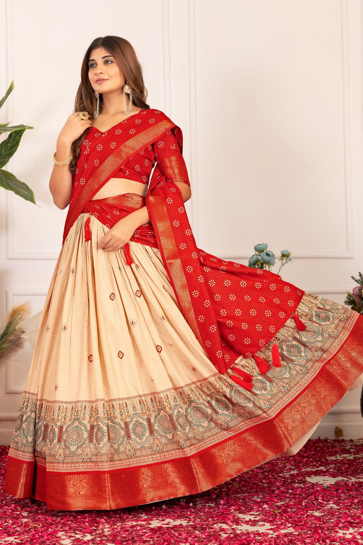 Elegant Tusser Silk Floral Print Lehenga Choli with Foil Work & Jacquard Border