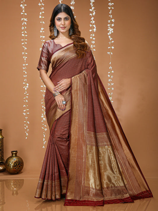 Maroon Soft Lichi Silk Saree with Rich Pallu & Jacquard Border
