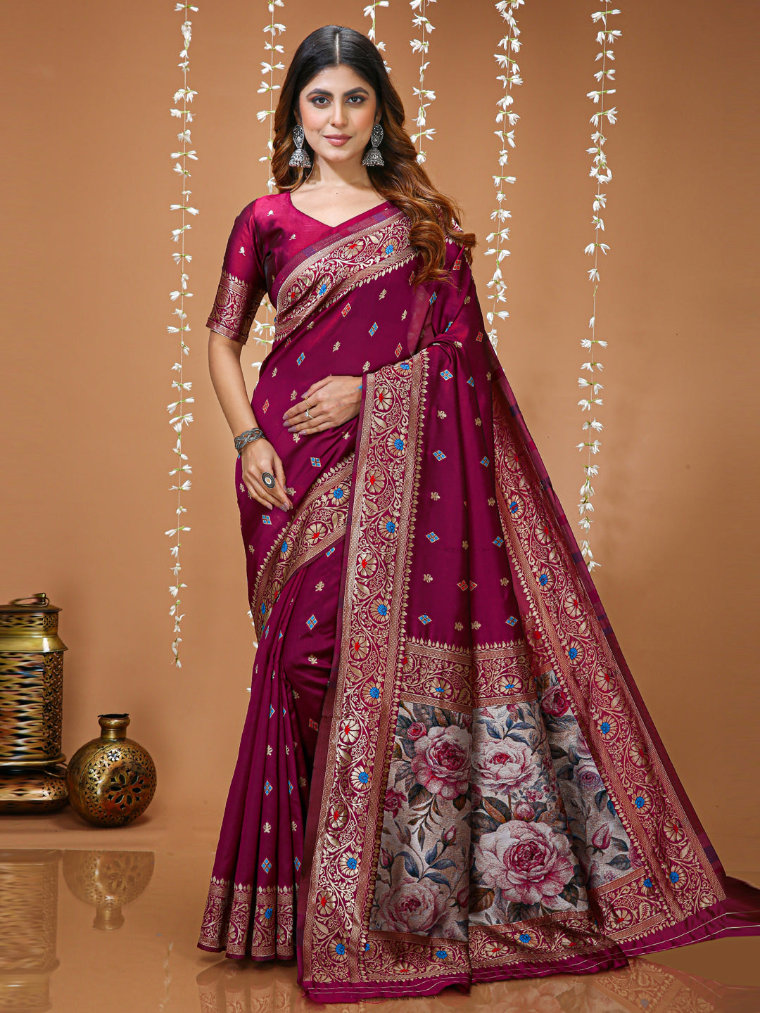 Wine Soft Lichi Silk Jacquard Saree with Rich Floral Pallu