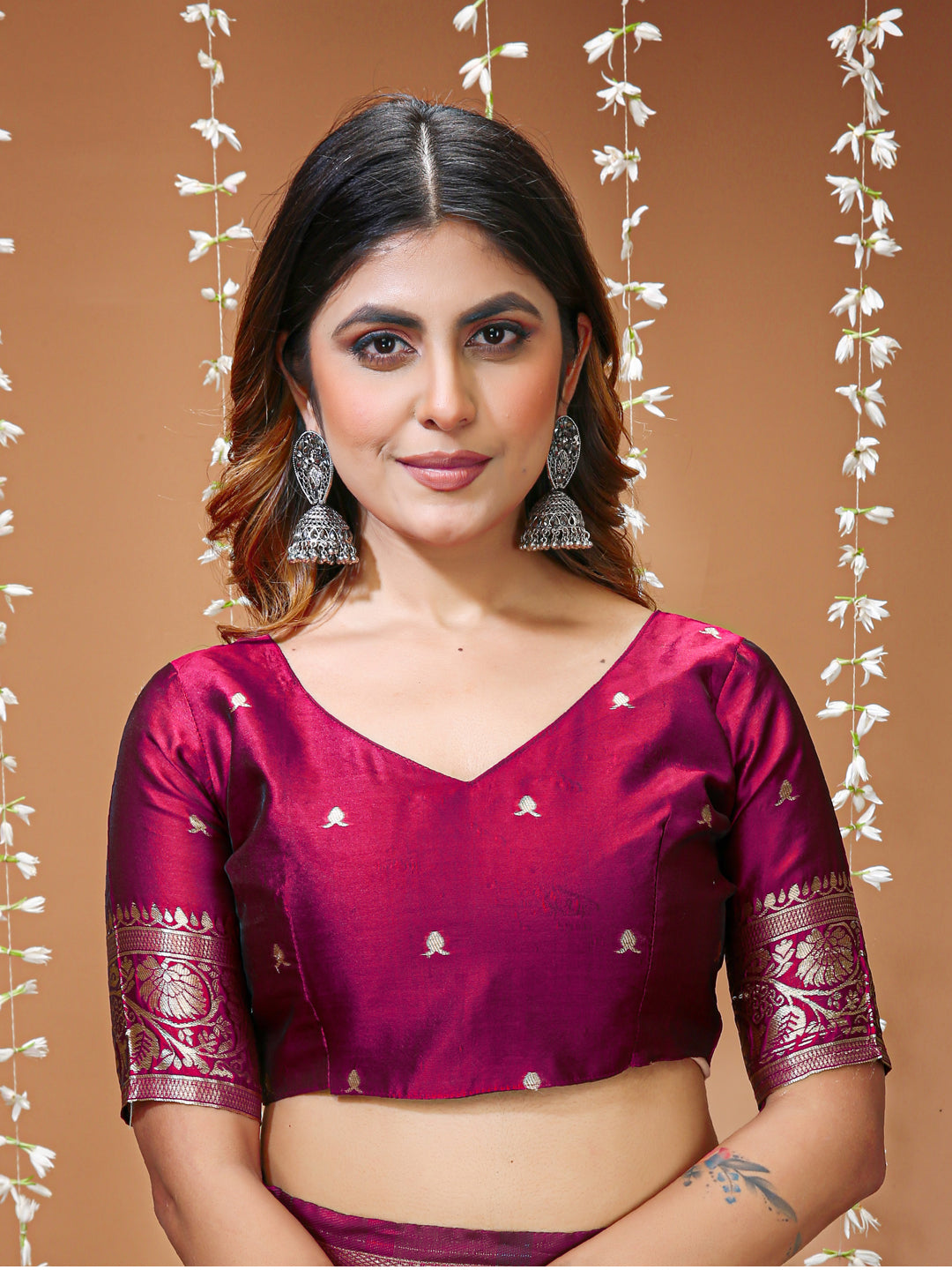 Wine Soft Lichi Silk Jacquard Saree with Rich Floral Pallu