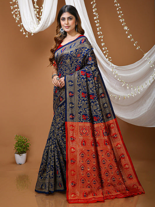 Deep Navy Blue Kanchipuram Style Lichi Silk Saree With Jacquard Work