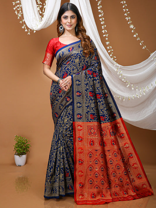 Deep Navy Blue Kanchipuram Style Lichi Silk Saree With Jacquard Work