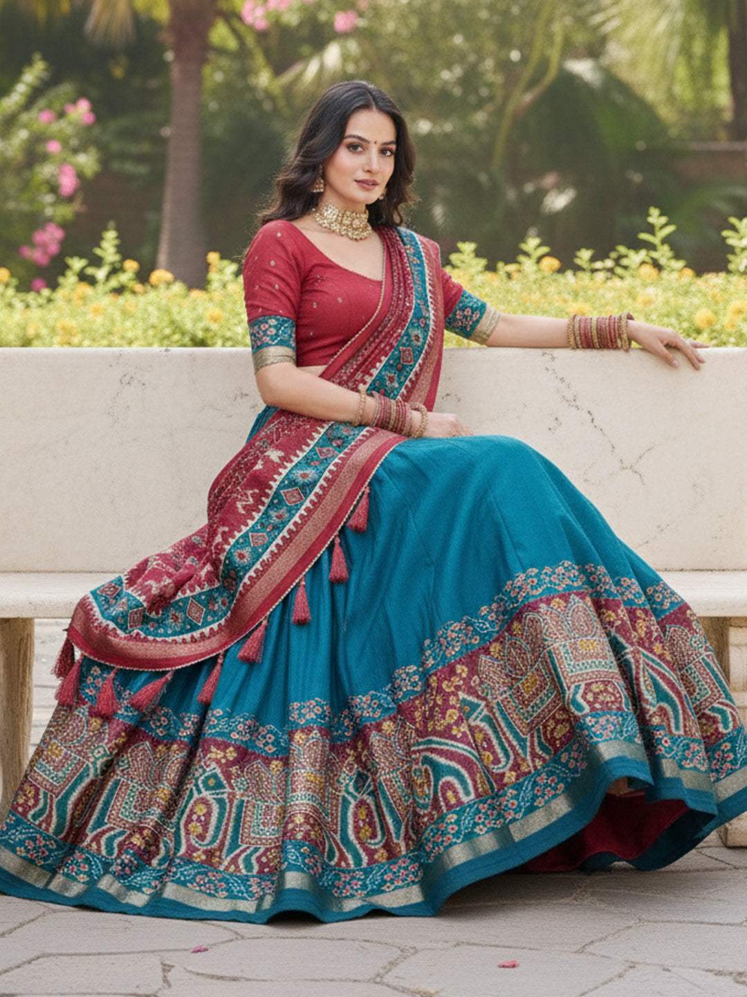 Women's Tusser Silk Printed Lehenga Choli with Dupatta