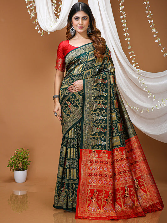 Green Soft Lichi Silk Saree with All-Over Jacquard Work