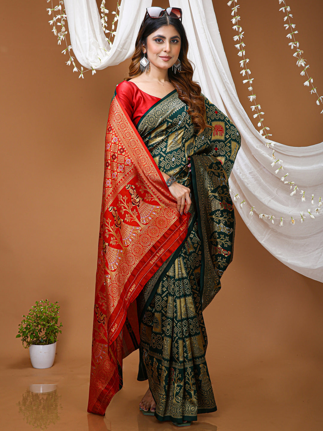 Green Soft Lichi Silk Saree with All-Over Jacquard Work