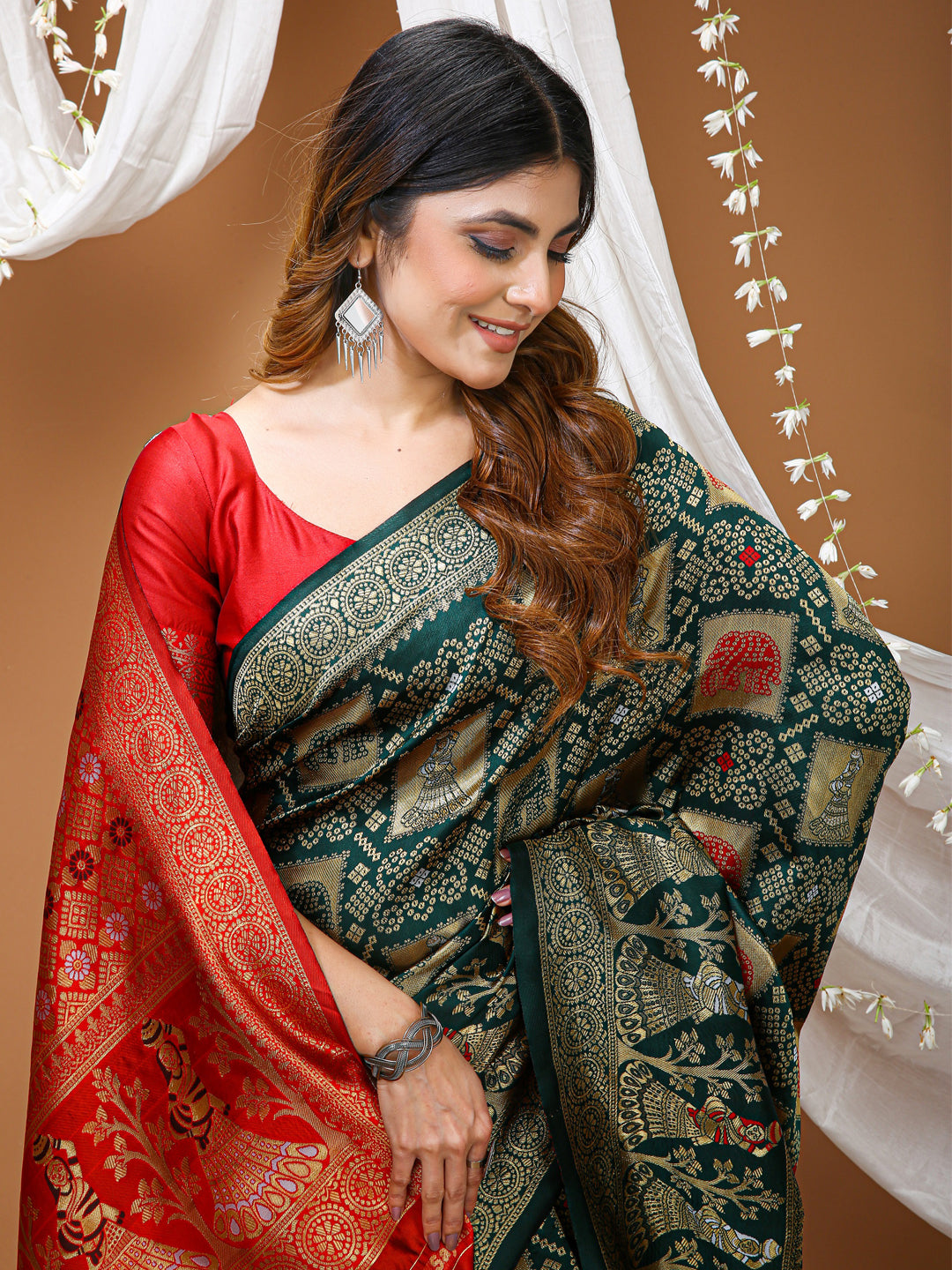 Green Soft Lichi Silk Saree with All-Over Jacquard Work