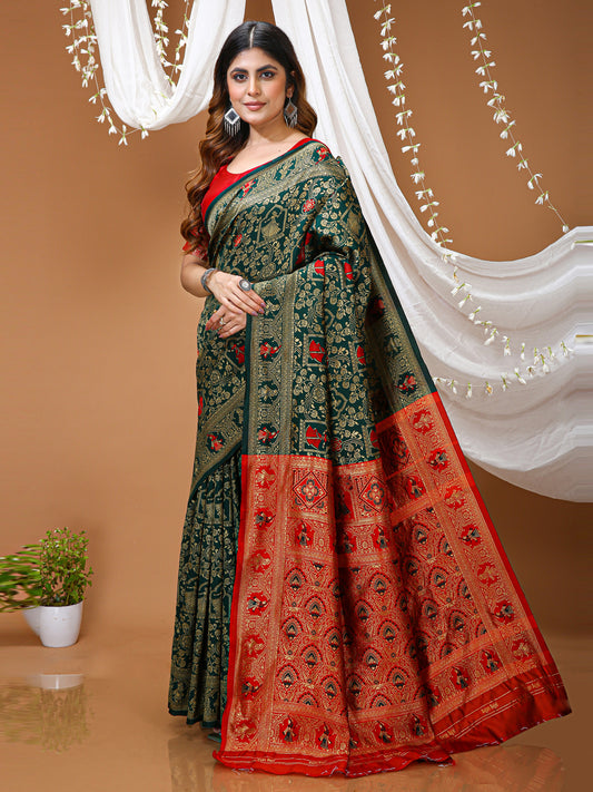 Bottle Green Kanchipuram Style Lichi Silk Saree With Jacquard Work