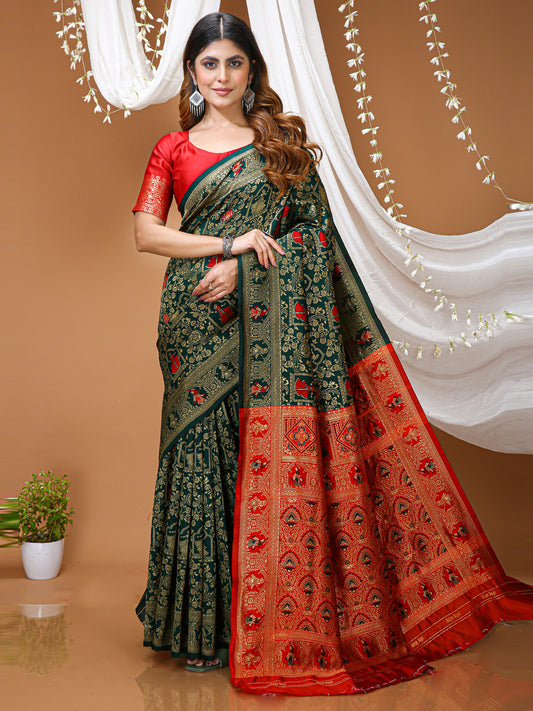 Bottle Green Kanchipuram Style Lichi Silk Saree With Jacquard Work