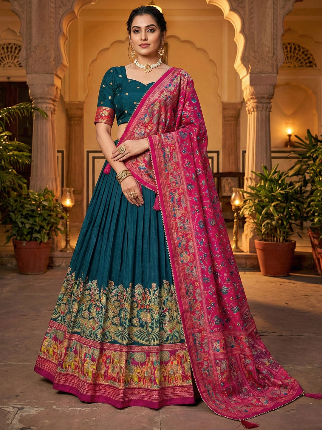 Navy Blue Tusser Silk Floral Print Lehenga Choli Set for Weddings and Festivals