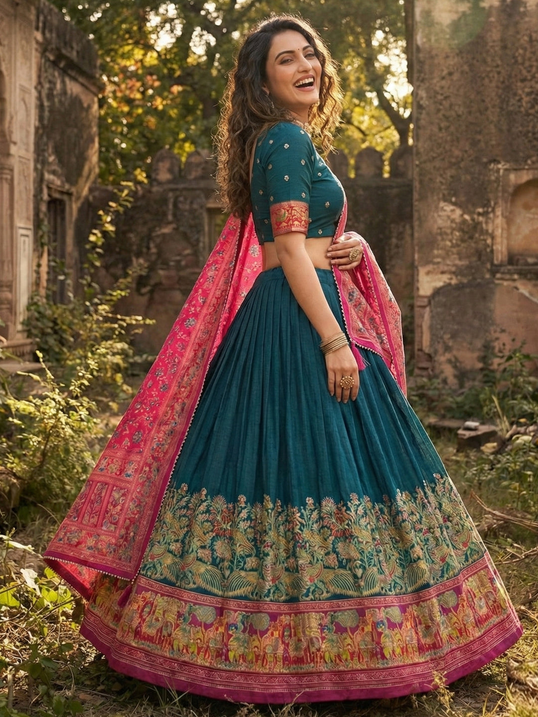Navy Blue Tusser Silk Floral Print Lehenga Choli Set for Weddings and Festivals