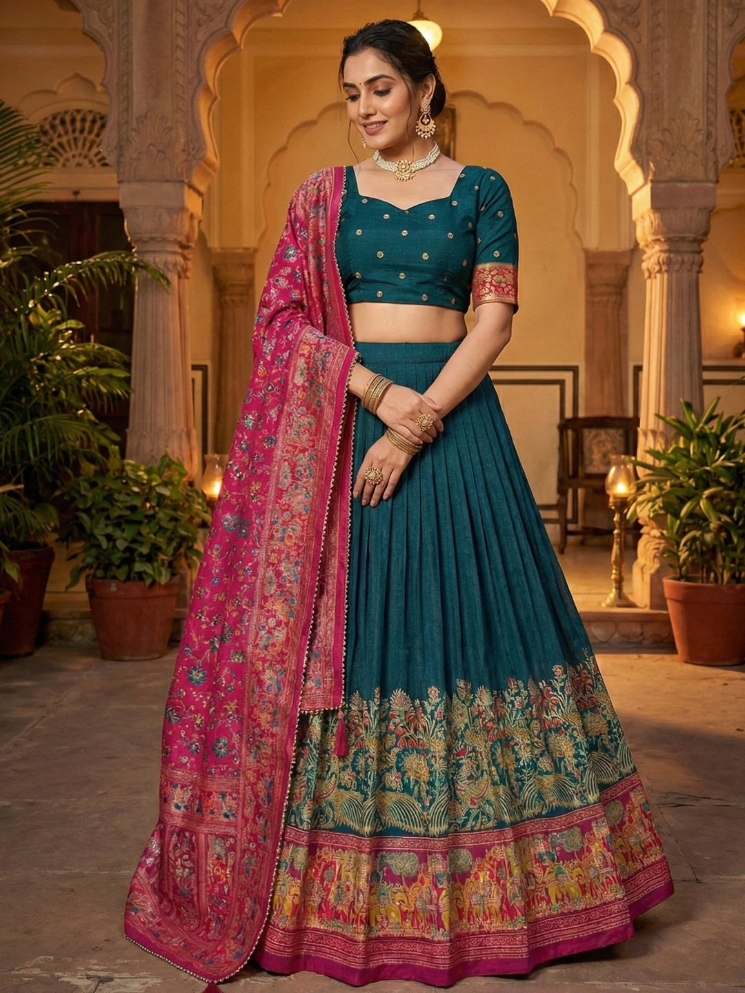 Navy Blue Tusser Silk Floral Print Lehenga Choli Set for Weddings and Festivals