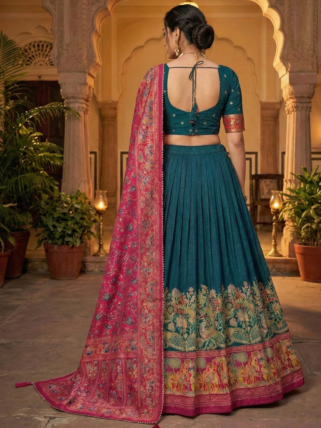 Navy Blue Tusser Silk Floral Print Lehenga Choli Set for Weddings and Festivals