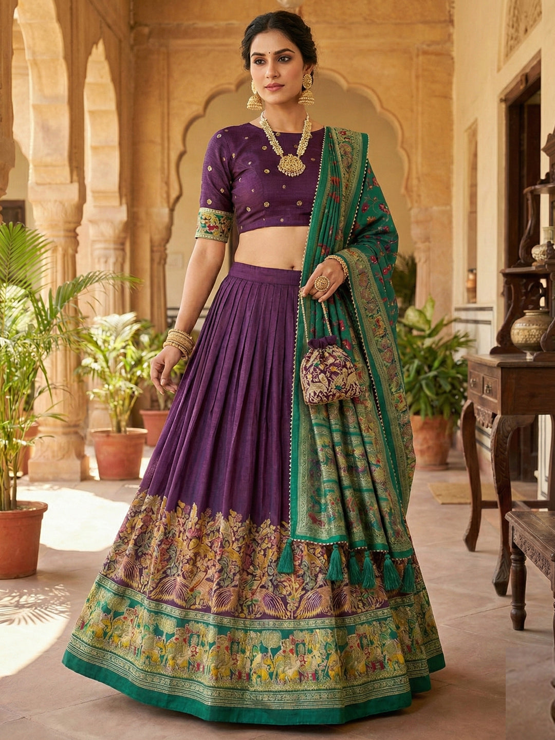 Purple Tusser Silk Floral Print Lehenga Choli Set for Weddings and Festivals