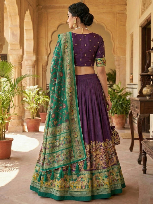 Purple Tusser Silk Floral Print Lehenga Choli Set for Weddings and Festivals