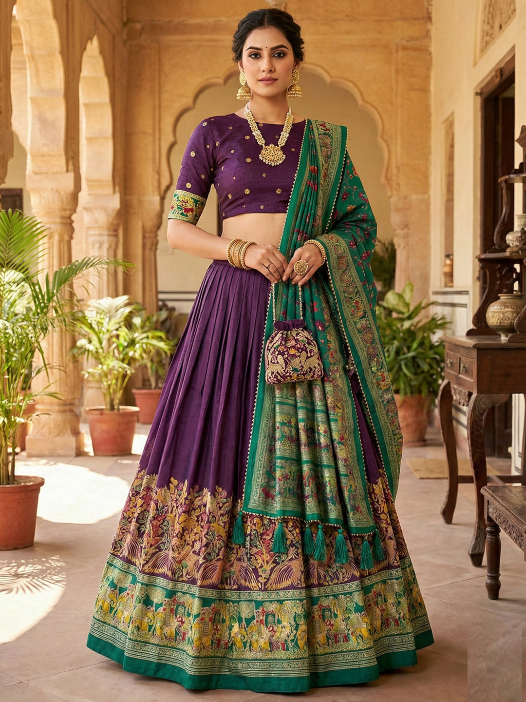 Purple Tusser Silk Floral Print Lehenga Choli Set for Weddings and Festivals