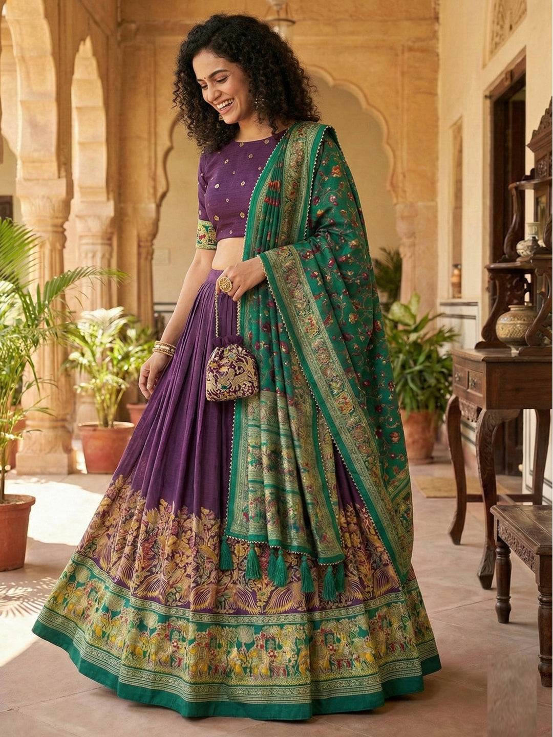 Purple Tusser Silk Floral Print Lehenga Choli Set for Weddings and Festivals