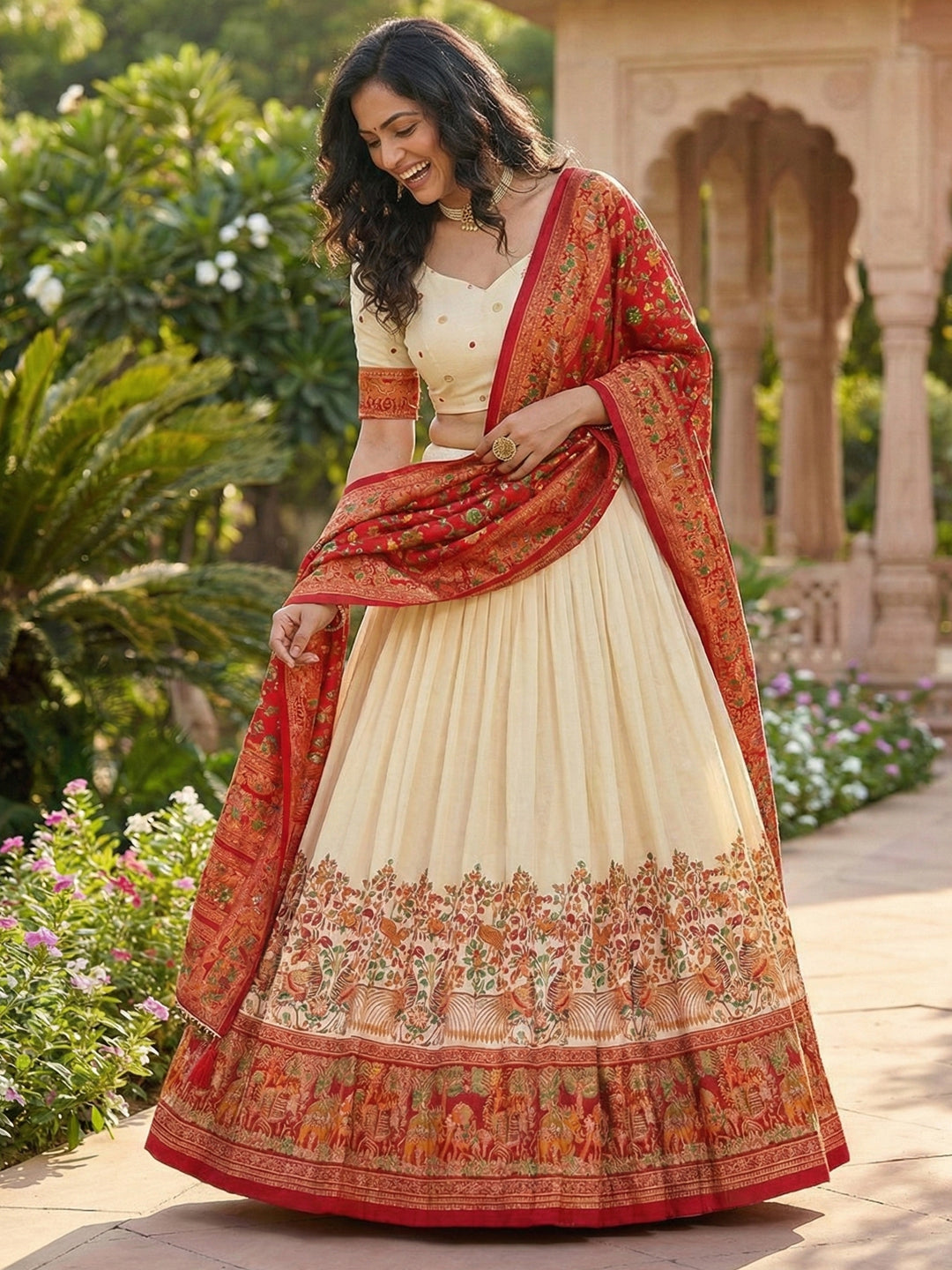 Pink Tusser Silk Floral Print Lehenga Choli Set for Weddings and Festivals