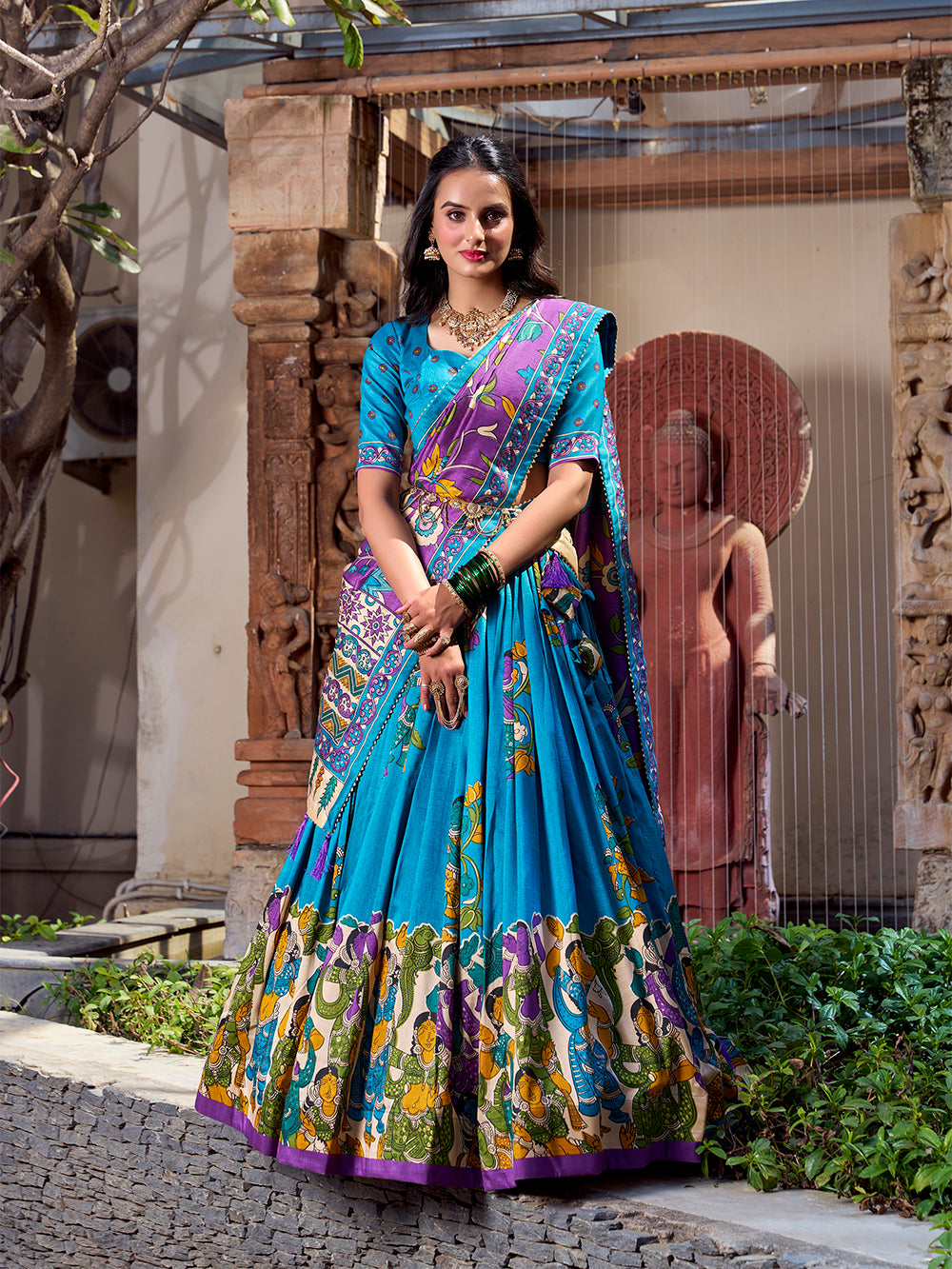 Floral Print Tusser Silk Foil Work Festive Lehenga Choli Set with Gotta Patti Dupatta