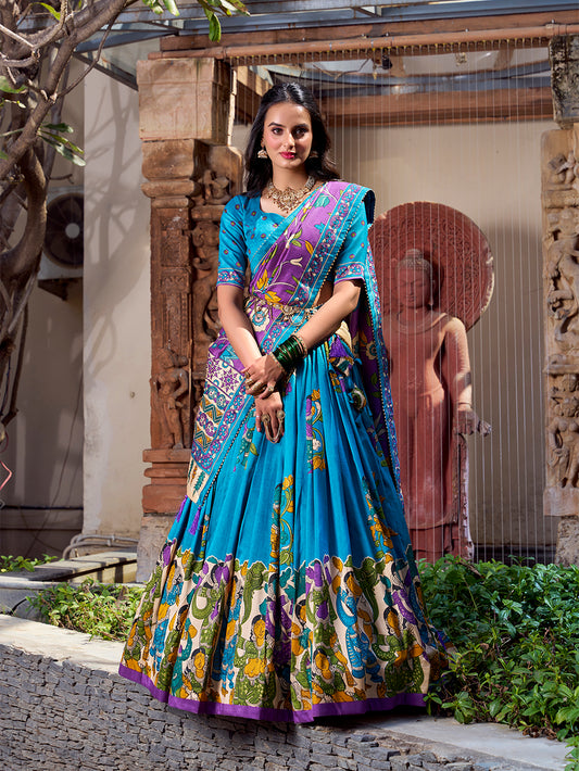 Floral Print Tusser Silk Foil Work Festive Lehenga Choli Set with Gotta Patti Dupatta